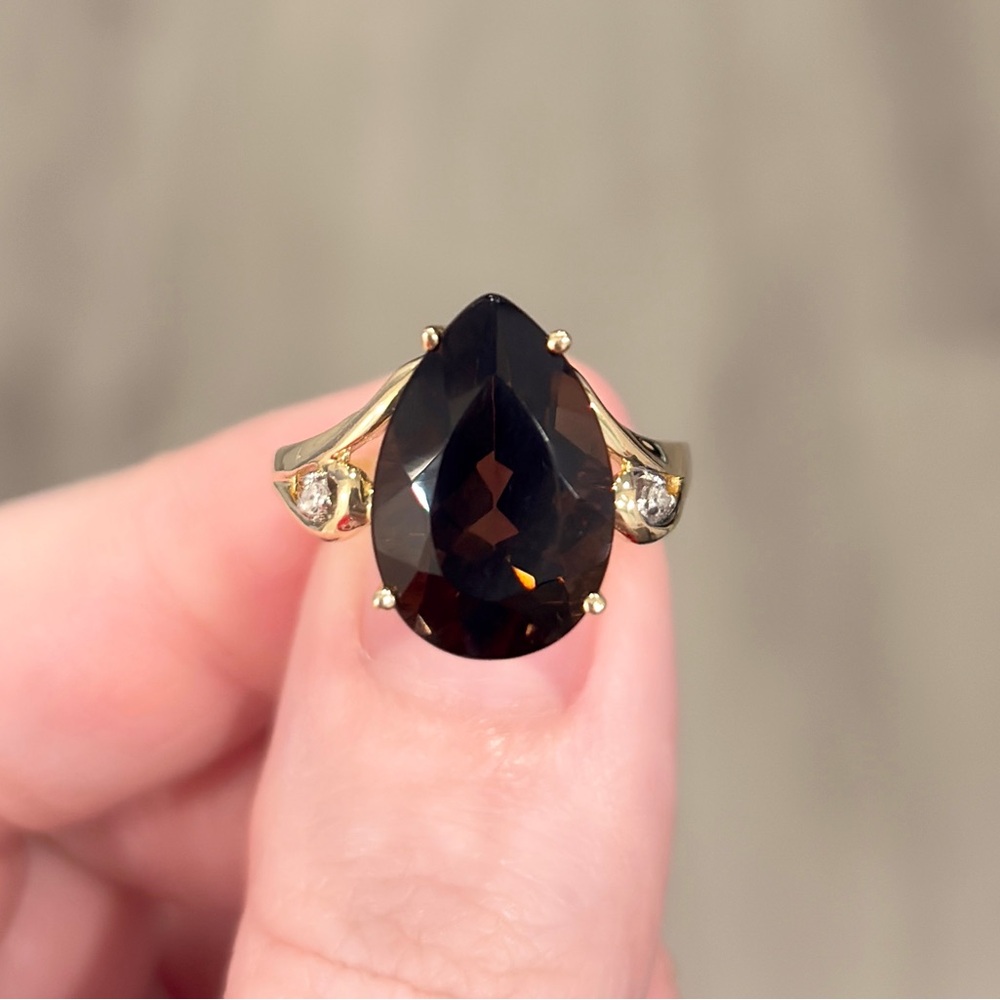Vintage Pear Cut Smoky Quartz Ring: 14K Yellow Gold Filigree, Diamond, Size 7.5 - Picture 3 of 11